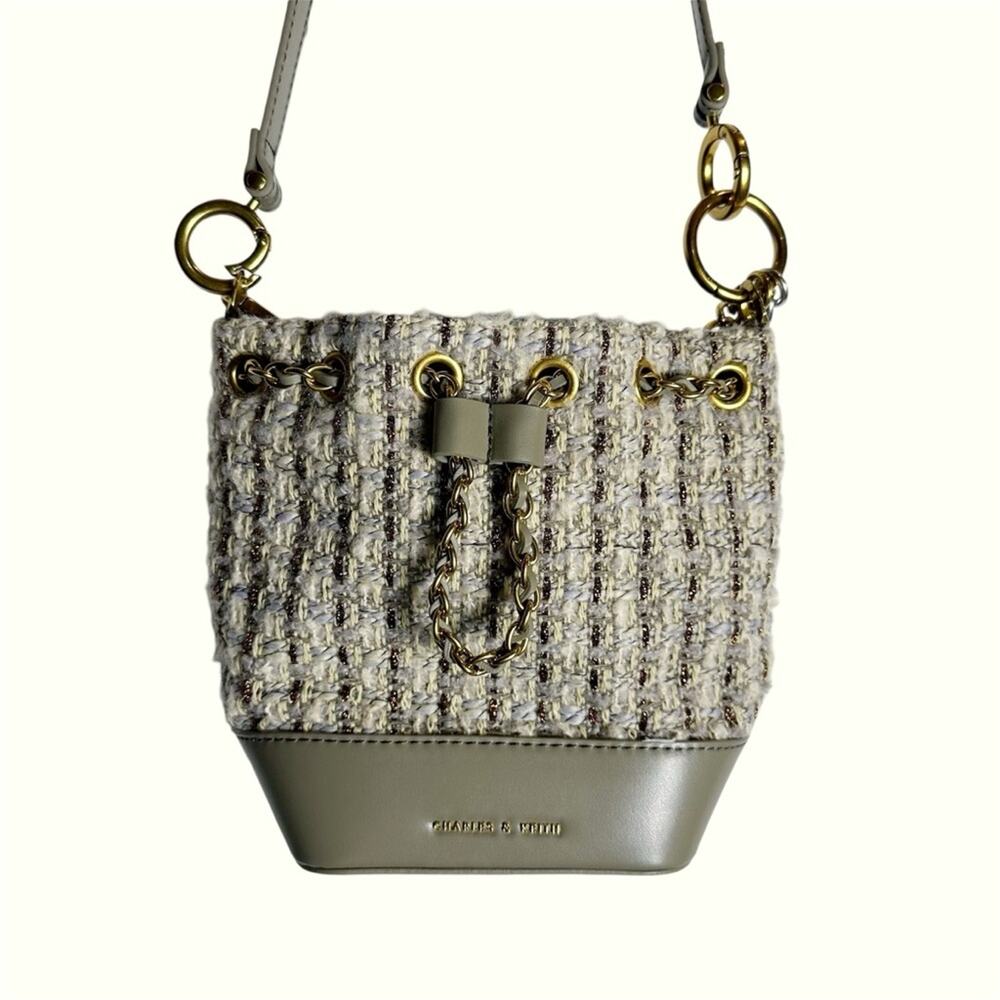 Charles & Keith Gray Dancer Tweed Drawstring Bucket Bag